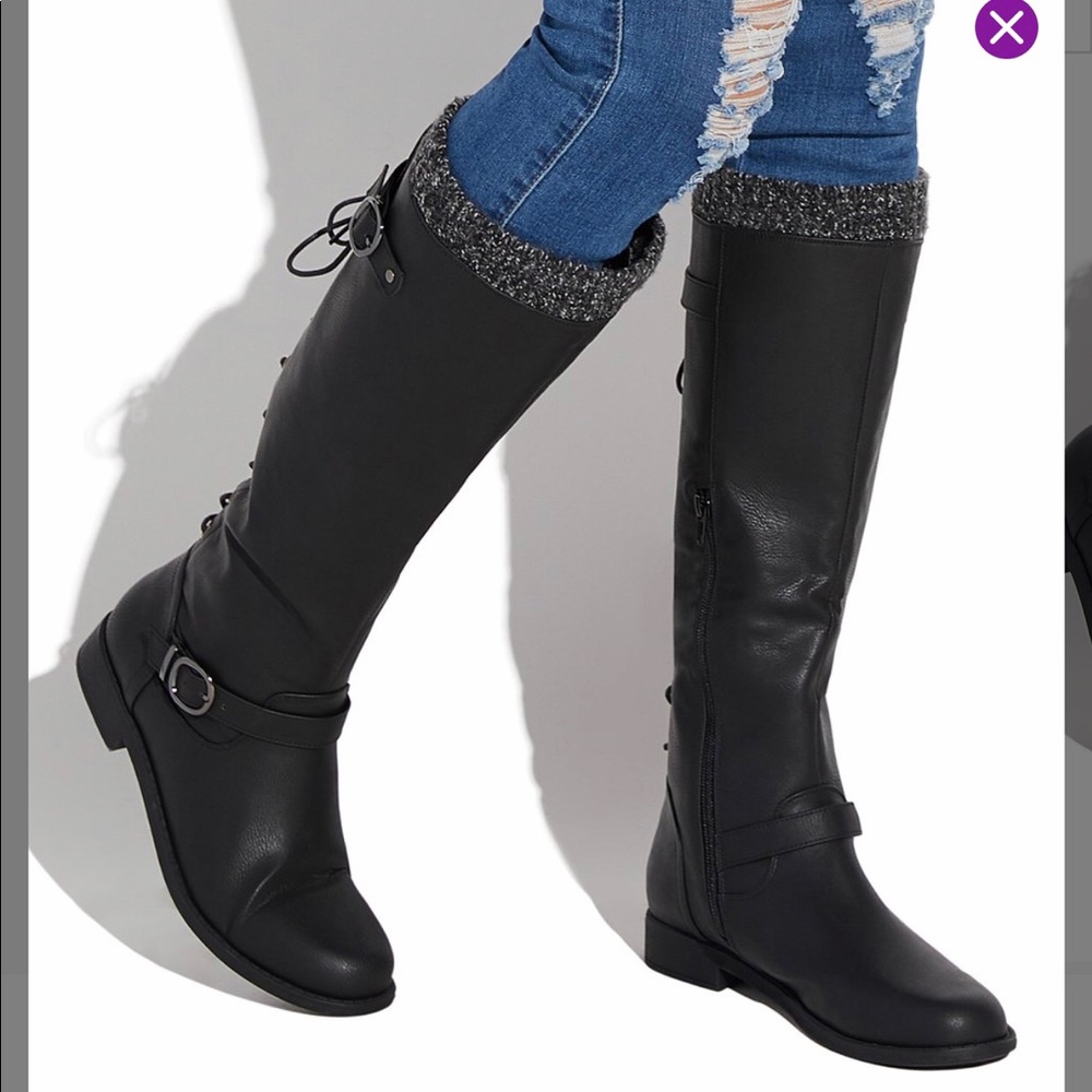 Sweater cuff wide calf faux leather boots